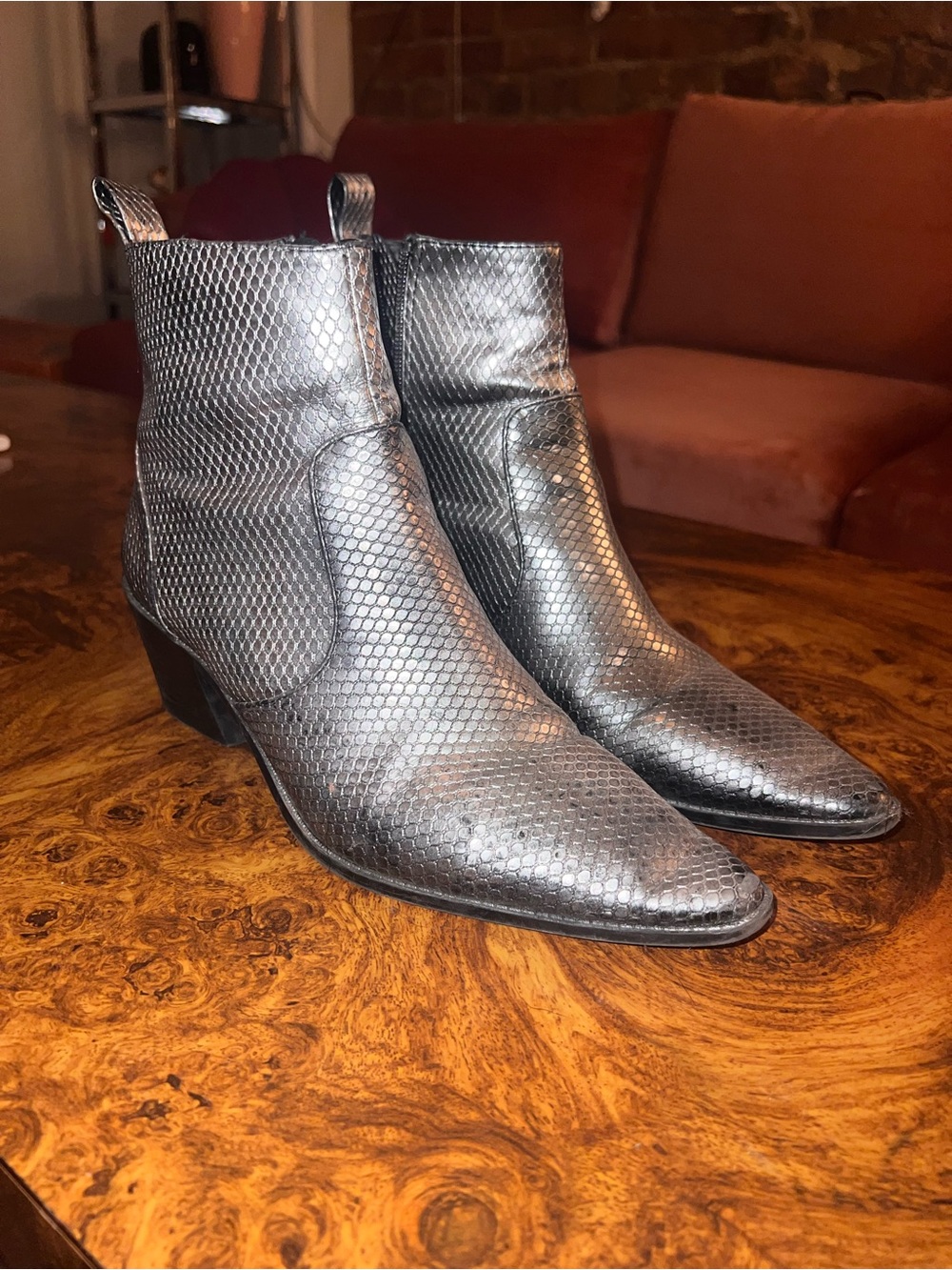 Zara Metallic Silver Textured Pointed-Toe Ankle Boots